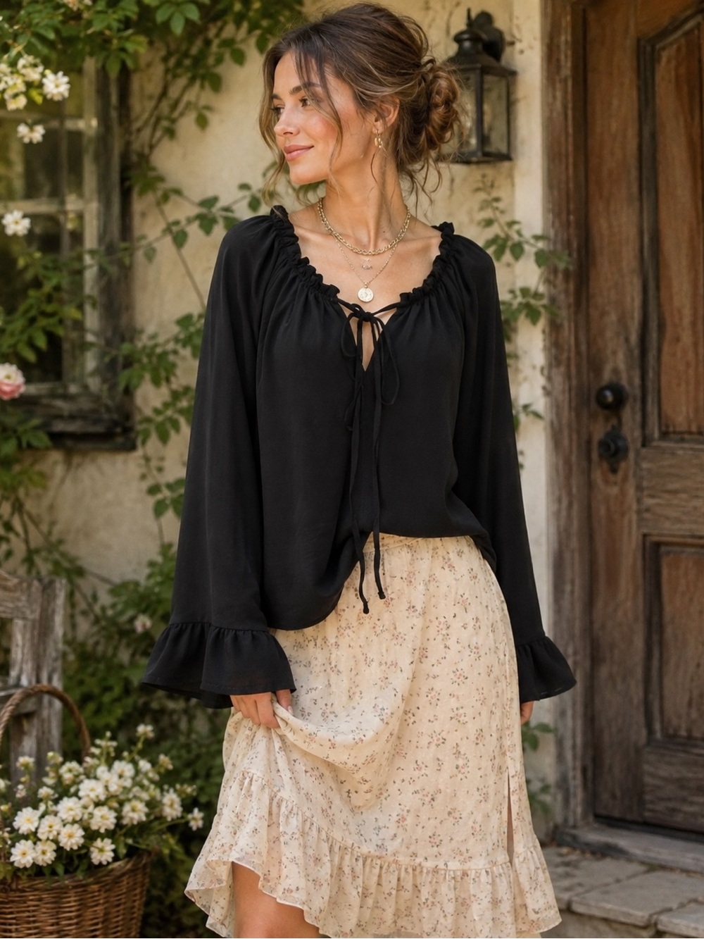Vici Black Tie-Front Peasant Tunic Blouse